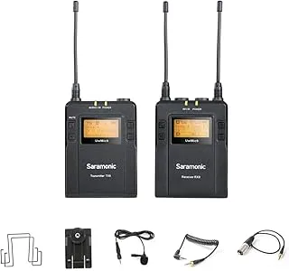 نظام ميكروفون سارامونيك UWMIC9 RX9 + TX9 UHF لاسلكي لافاليير مع جهاز استقبال محمول للكاميرا ثنائية القناة قابل للتثبيت - أسود