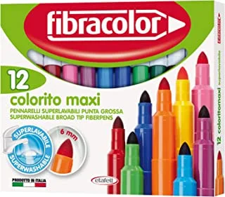 أقلام تلوين من الألياف ذات نقطة عريضة من Fibracolor Colorito Maxi قابلة للغسل للغاية، عبوة من 12 قلمًا