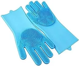 Gloves reusable silicone brush scrubber gloves heat resistant for kitchen dishwashing- blue