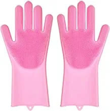 Magic reusable silicone gloves with wash scrubber dishwashing gloves heat resistant kitchen tool for cleaning household car washing pet hair care gloves 1 pair (pink)