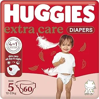 Huggies Extra Care Diapers, Size 5, Jumbo Pack, 12-22 kg, 60 Diapers Made in Europe