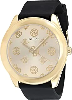 GUESS Polished Gold Case/Sunray Chamgein Logo Dial/Black Smooth Silicone Strap