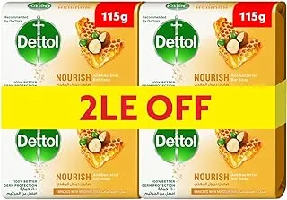 Dettol Nourish Anti-Bacterial Bathing Soap Bar for Effective Germ Protection & Personal Hygiene, honey & shea butter fragrance, 115g 4 pieces