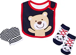 Mix & Max Cotton Set of 3 Pieces Bib, Gloves and Socks Embroidered Bear For Boys-Black&Red