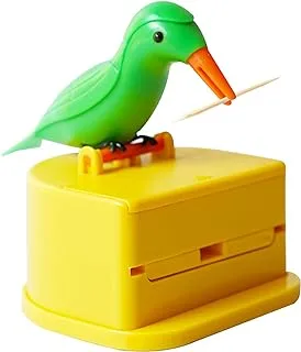 Woodpecker toothpick dispenser little bird push-type automatic toothpick holder with a toothpick box portable plastic kitchen decoration 1pcs (yellow & green)