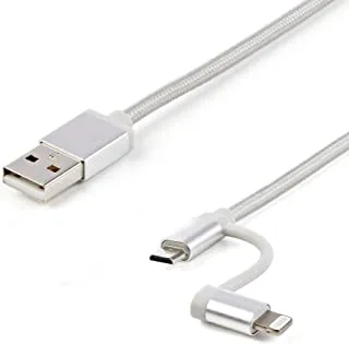 Keendex kx 2586 2 in 1 usb charging and data sync cable for lighting (iphone) and micro (ios - android), 1 meter - silver, lightning