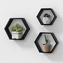 AHDECOR Wall Mounted Hexagon Floating Shelves, Wooden Wall Organizer Hanging Shelf for Home Decor, Set of 3, Black