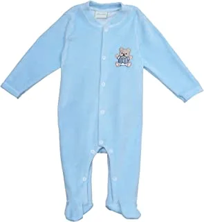 Komkom Footed Baby Salopette Velour Blue-Embroidered Bear/Size 0-3 Months