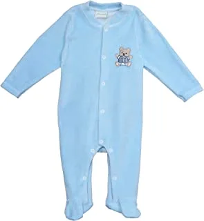 Komkom Footed Baby Salopette Velour Blue-Embroidered Bear/Size 9-12 Months