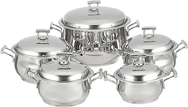 Aboud silver star 18/10 satinless steel bombe cooking set of 5 pots with 5 lids (16,18,20,22,28) with platinum handles - silver