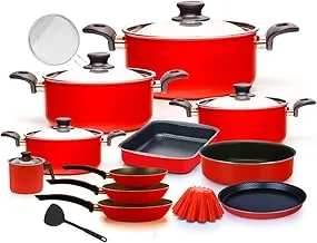 Trueval Teflon cookware set 19 pieces plug : pot 16-18-22-26 pans 14-16-24 tray 26 stewter oven 3 pizza tray 26 brioch 14 roasting grill + dispenser