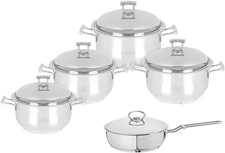 Aboud Silver Star Bombe Set 18/10 Stainless Steel 4 Pots With 4 Lids (24,22,20,18) And Frying Pan (24) With Platinum Handles Silver