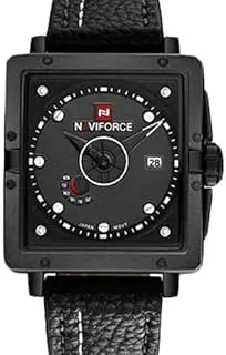 Naviforce Men's Black Dial Leather Band Watch - 9065-B-W-B