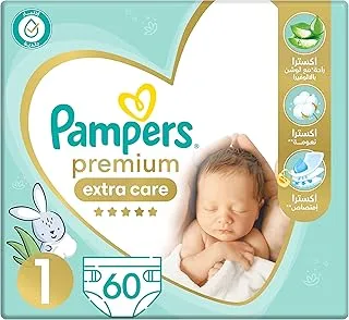 Pampers premium extra care diapers, size 1, with lotion with aloe vera, 60 baby diapers