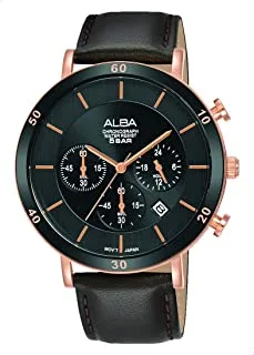 Alba Prestige AT3F68X Leather Chronograph Round Analog Water Resistant Watch for Men - Dark Brown