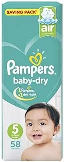 Pampers Diapers Baby Dry Junior Size 5, 58 Pieces - Pack May Vary