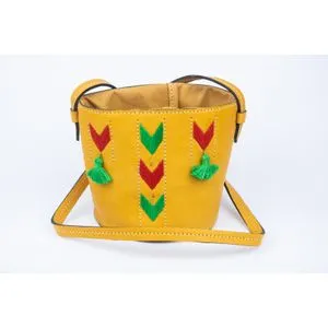 Ebda3 Men Masr Flower Embroidered Leather Bucket Bag - Yellow Green & Red