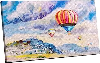 Canvas Wall Art, Abstract Framed Portrait of hot air balloon on mountain village and blue sky cloud 60 W x 40 H x 2 D