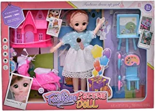 Plastic Fashion Scene Doll With Home And Motorcycle Set OF 8 Pieces For Girls - Multi Color