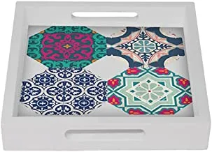 Joud khairan wooden tray white with coasters set, 4 pieces 22.5 x 22.5 x 4.5 cm - multi color