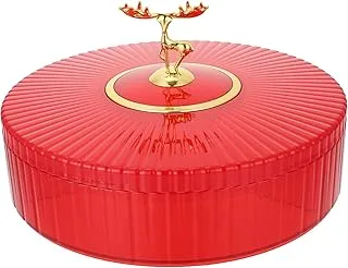 Cabilock Snack Tray with Lid Divided Candy Box Nut Holder Dried Fruit Box Tray with Deer Figurine Round Appetizer Tray 3 Compartment Dry Food Storage Organizer Dish Platter Red