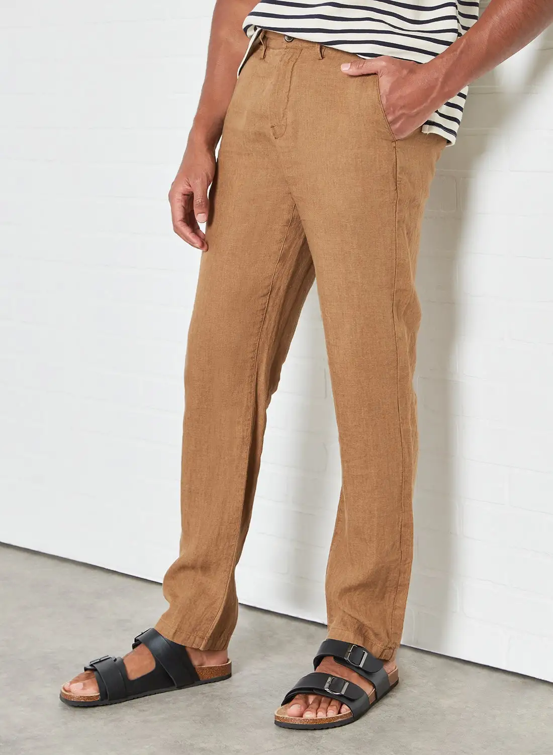 MANGO Slim Fit Linen Pants Brown