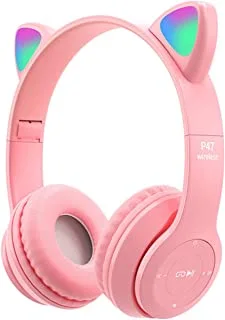 TGUS Small Wireless Gaming Headset, LED Light Up Cat Ear Shaped Headphones, Cartoon Luminous Head-mounted Stereo Bluetooth for Kids Adult Pink Headset Wireless