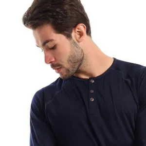 Kastor Round Neck Buttoned Dark Blue Henley T-Shirt