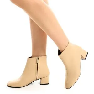 Heeled Women`s Leather Ankle Boots - Beige