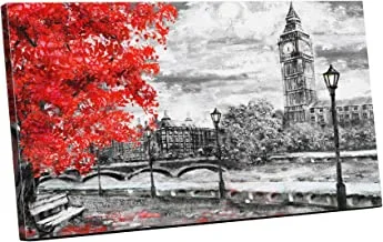 Canvas wall art, abstract framed portrait of big ben and red tree. england. bridge and river 120 w x 80 h x 2 d