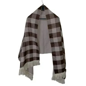 Scarf Collections Double Face Solid & Plaid Check/Carreau/Stripe Pattern Wool Winter Scarf/Shawl/Wrap/Keffiyeh/Headscarf/Blanket For Men & Women - XLarge Size 75x200cm - P04 Greige / Dark Brown