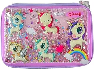 Pony unicorn wide hardcover pencil case/liquid and glitter/purple