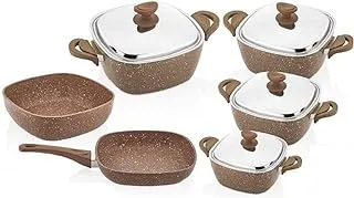 Saflon Granite Set 10 pieces Power Line Square Chocolate (4 Pots 18/20/24/28, Fry Pan 26 Cm, Oven Pan 28 Cm)