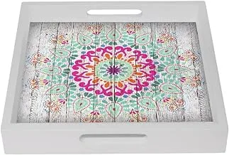 Joud wooden tray white with mandala art print, 39.5 x 39.5 x 4.5 cm - multi color