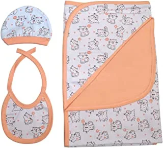 Lumex cotton set of 3 pieces blanket&bib,hat printed cats for unisex-white&simon-new born