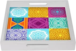 Joud wooden tray white with khayameya art print, 29.5 x 29.5 x 4.5 cm - multi color