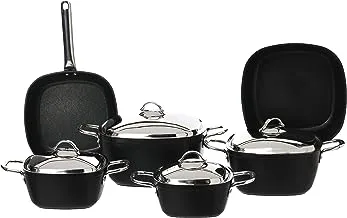 Saflon Titanium Set 10 pieces Power Line Square Black Stainless Steel Handle (4 Pots 18 /20/24/28 Cm, Fry Pan 26 Cm, Oven Pan 28Cm)