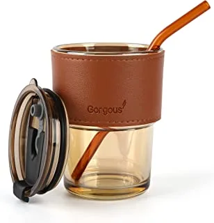 Wsaikis Glass Reusable Coffee Mug with Heat Resistant Leather Wrap Glass Water Cup with Glass Straw and Leakproof Lid Glass Tumbler for Coffee,Tea, Milk Beverages 14oz/420ml (Amber)