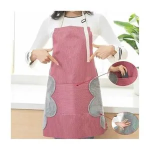 Waterproof Adjustable Apron With Side Towel & Pocket Stripe- Pink