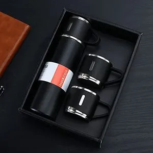 Vacuum Flask Set 500ml - 3 Mugs - Black