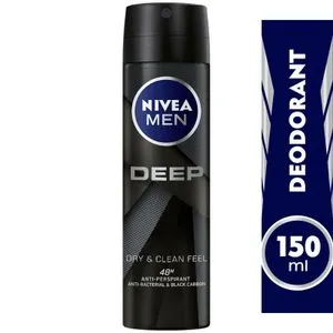 NIVEA MEN Antiperspirant Spray for Men, 48h Protection, DEEP Black Carbon Antibacterial, Woody Scent, 150ml