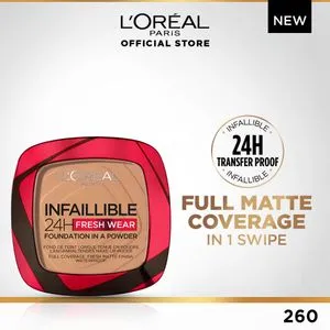 كريم أساس L'Oreal Paris Infaillible 24H Fresh Wear في بودرة - مقاوم للماء ، تغطية كاملة غير لامعة ، مكياج قابل للنقل - 260 Golden Sand