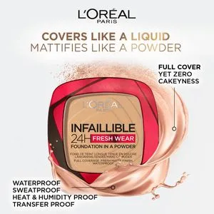 كريم أساس L'Oreal Paris Infaillible 24H Fresh Wear في بودرة - مقاوم للماء ، تغطية كاملة غير لامعة ، مكياج قابل للنقل - 200 Golden Sand