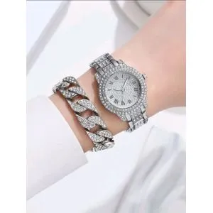 SHEIN 1pc Rhinestone Decor Round Pointer Quartz Watch & 1pc Bracelet-9895