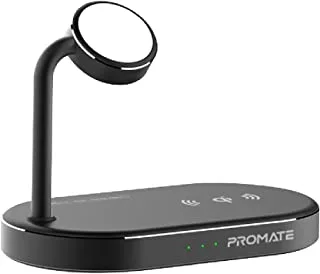 Promate Aluminum Wireless Charger Stand, Multi-Device Charging Station with Qi-Certified 15W Fast Charging Pad, 24W SuperCharge USB Port and 5W MFi Certified Apple Watch Charger, WavePower