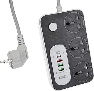 G-Power ws343 power strip 220v with 3 universal international socket,1 fast charging socket 18w,1 type c charging ports 20w and 2 usb charging ports 2.4a - black grey