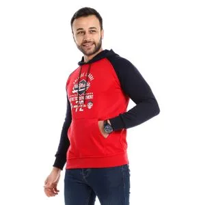 Caesar Red & Navy Blue Hoodie With Kangaroo Pocket