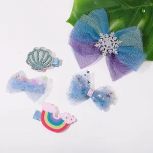 Set Of 5 Glittery Hair Clips - Snowflake Rainbow Sea Shell