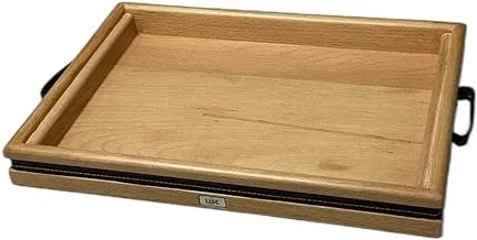 Leather hand rectangular serving tray - wood color