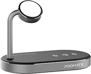 Promate Aluminum Wireless Charger Stand, Multi-Device Charging Station with Qi-Certified 15W Fast Charging Pad, 24W SuperCharge USB Port and 5W MFi Certified Apple Watch Charger, WavePower